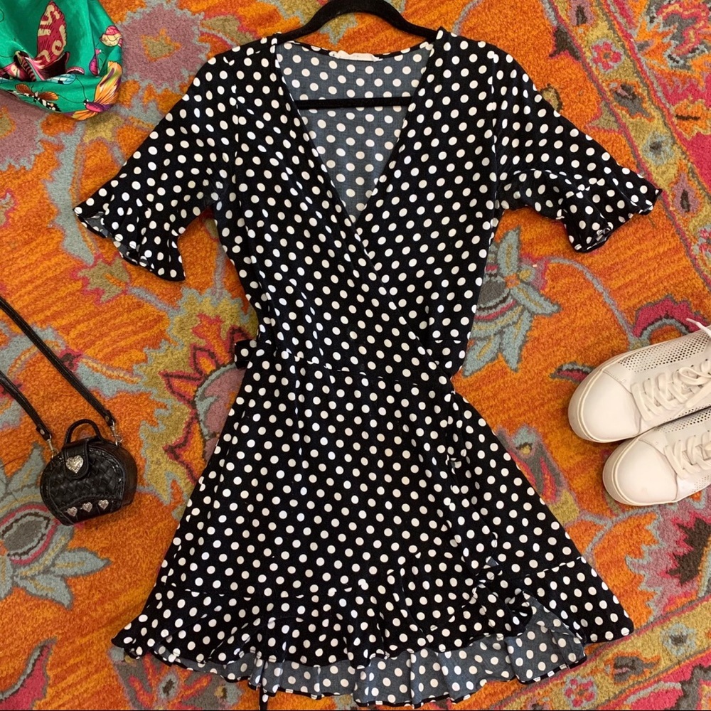 Elodie Wrap Dot Mini Dress Ruffle